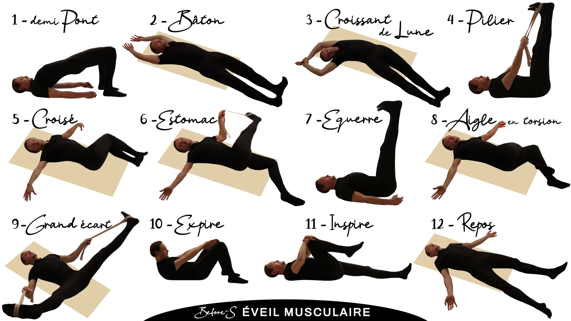Les 12 postures de l'éveil musculaire avec sangles, numérotées de 1 à 12 : demi Pont, Bâton, Croissant de lune, Pilier, Croisé, Estomac, Equerre, Aigle en torsion, Grand écart, Expire, Inspire, Repos.